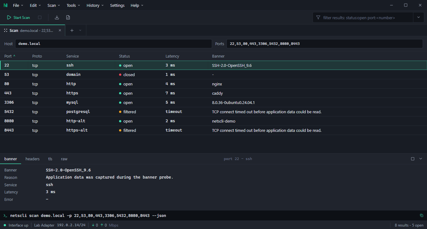 NetsCLI Desktop dark theme scan view showing sanitized demo port results, row details, command preview, and status bar
